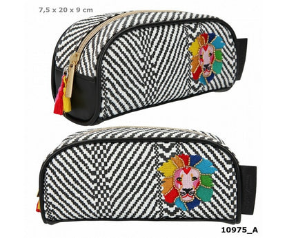 TOPModel Kosmetiktasche Schwarz Weiß mit Löwenkopfstickerei